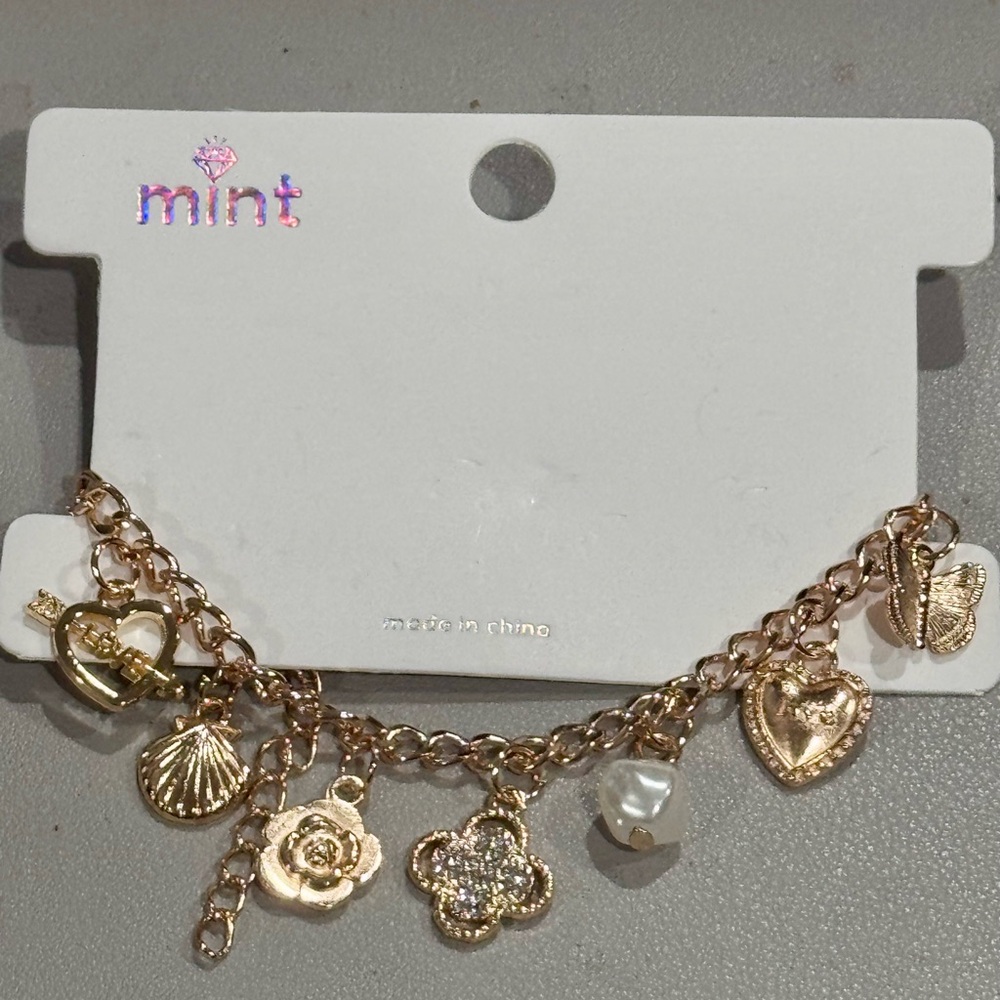 Mint Gold Clover Heart and Floral Charm Bracelet
